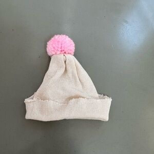 Cream Knit Newborn Beanie with Pink Pom-Pom